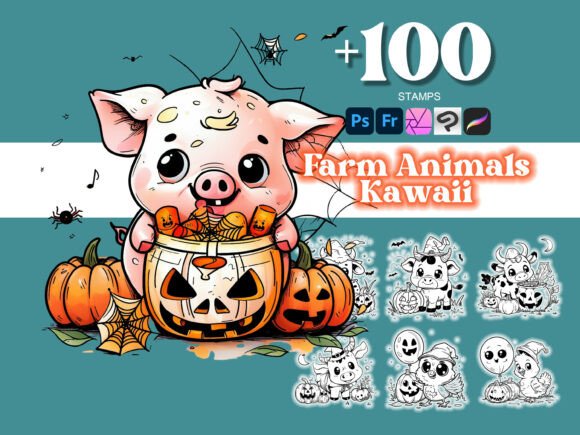 100 Farm Animals Halloween Photoshop Brushes – Enhance Your Digital Art with Cute & Spooky Designs