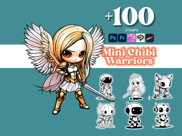 100 Mini Chibi Warriors Photoshop Brushes for Dynamic Digital Art