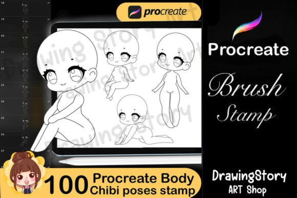 100 Procreate Chibi Body Poses Stamps
