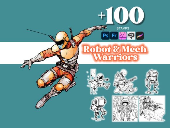 100 Robot and Mech Warriors Photoshop Brushes: Enhancing Digital Art with Precision and Flexibility