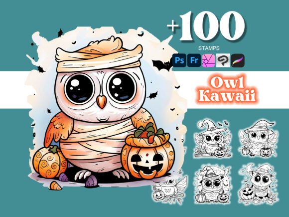 Elevate Your Digital Art with the 100 Owl Kawaii Halloween Photoshop Brush Collection